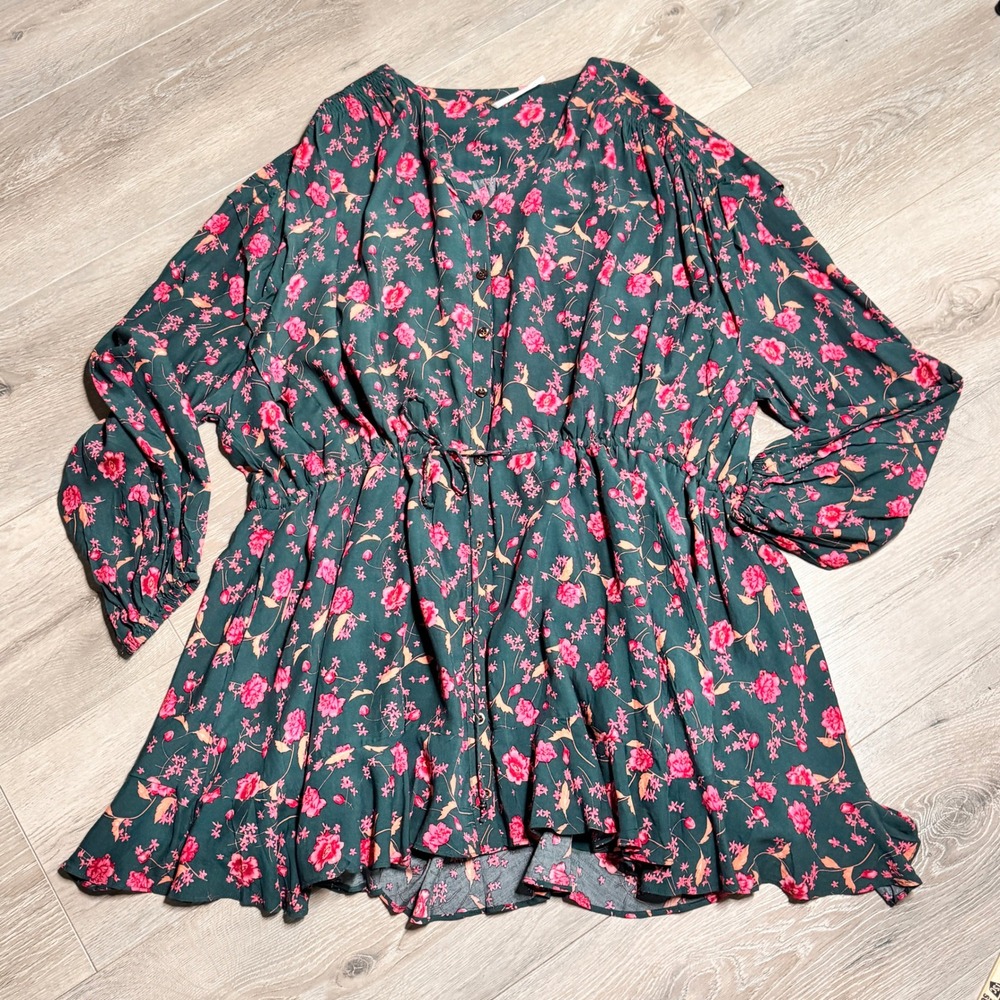 Free People Flower Fields Mini Dress Drawstring Waist Teal Pink Medium M - Picture 1 of 10